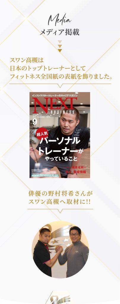 スワン高槻は日本のトップトレーナーとして、フィットネス全国紙の表紙を飾りました。俳優の野村将希さんがスワン高槻へ取材に！！